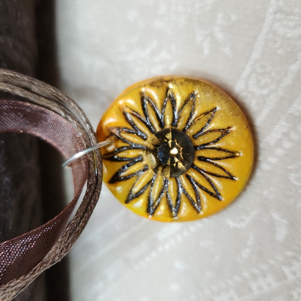 HANDMADE Sunflower pendant necklace Swarovski crystal on ribbon necklace OOAK!!!